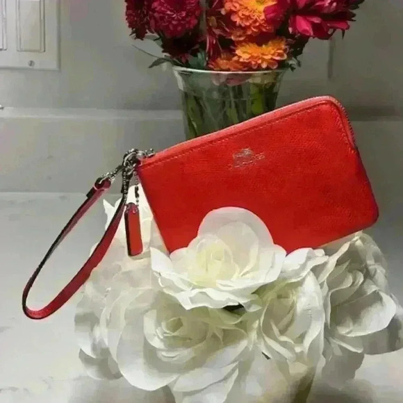Coach Small Leather Wristlet Bag Corner Zip Purse Red Silver Logo - Picture 1 of 7